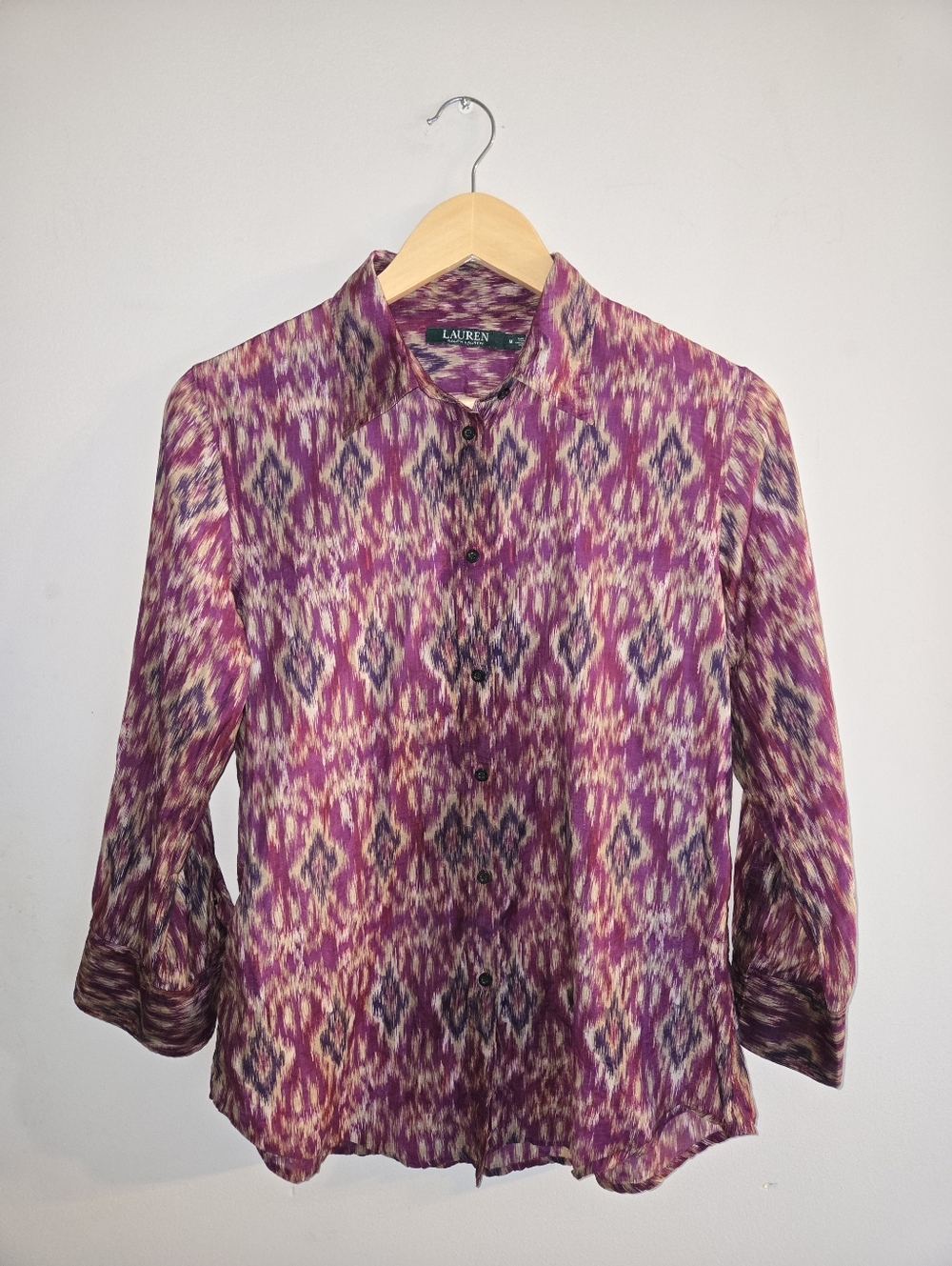 Lauren Ralph Lauren Cotton Silk Blend Ikat Button Up Blouse M Breezy Boho Resort